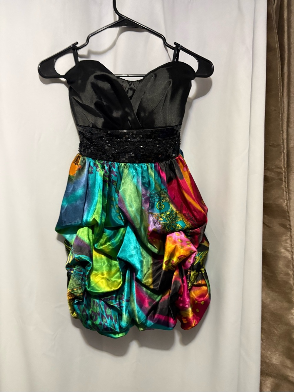 Speechless Black Bodice Multicolor Satin Bubble Hem Dress